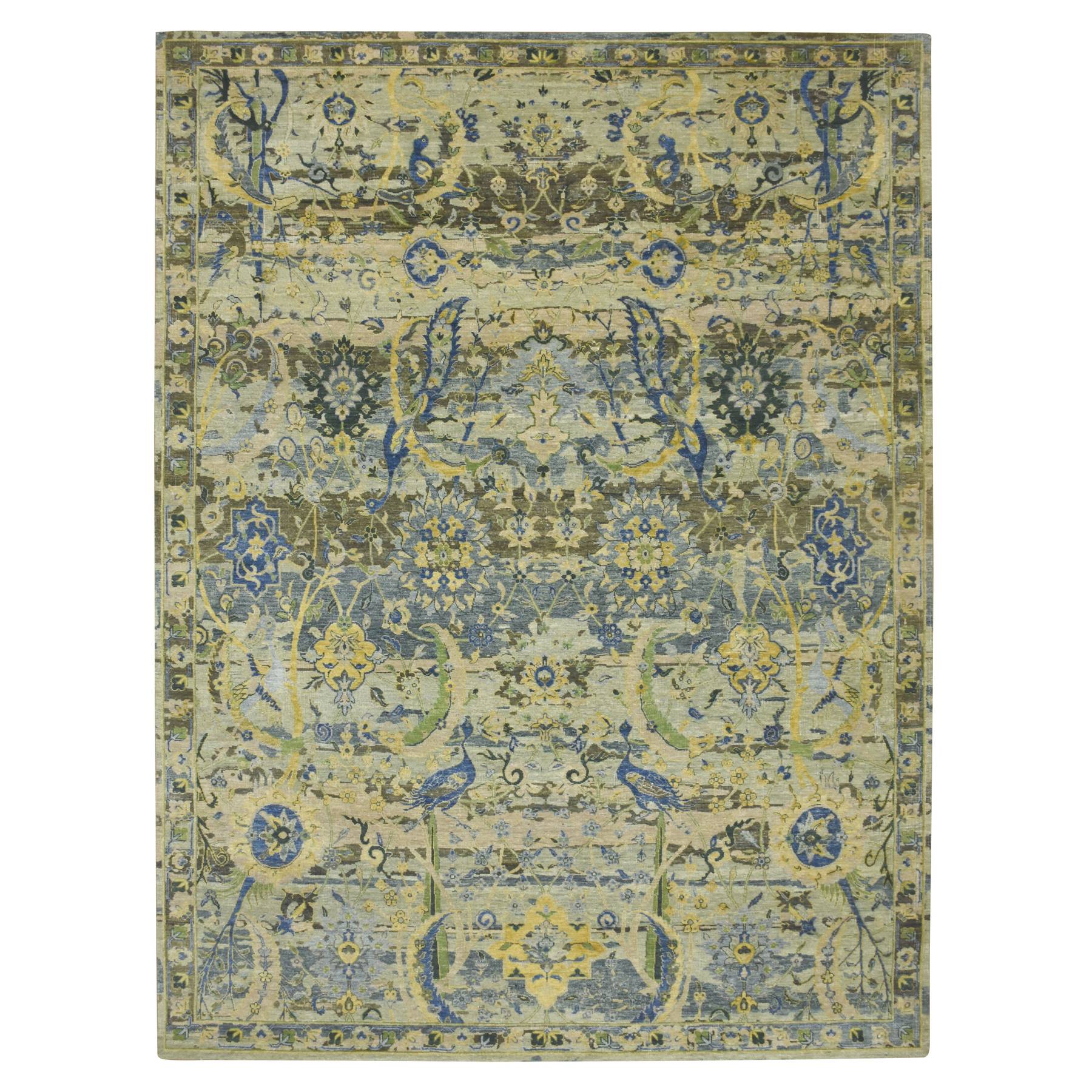 9'x12'1" Shades of Green, Broken and Erased Persian Inspired with Birds Design, Distinct Abrash, Shaved Low, Hand Knotted, Pure Wool, Oriental Rug 